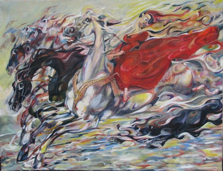 woman in red on horse 100x76 cm